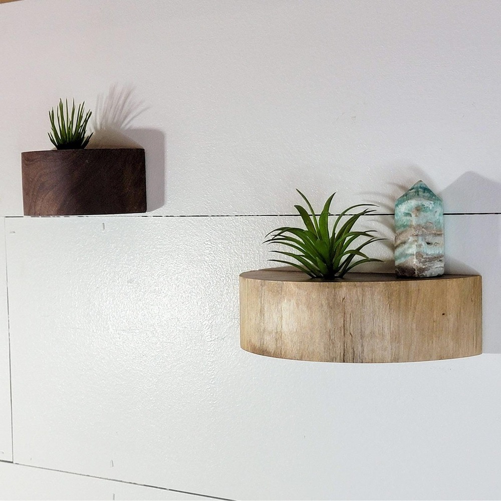 Set of 2 Minimalist Floating Wood Air Plant Shelves Half Moon Crystal Display